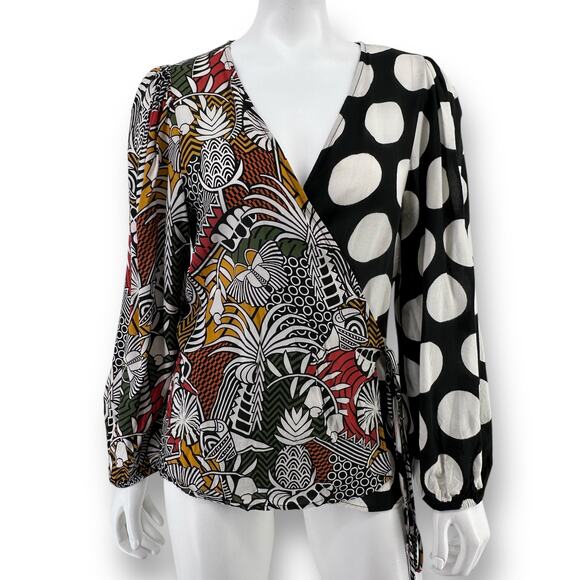 Anthropologie Farm Rio Rainforest Wrap Blouse Shirt Size Medium Floral Polka Dot - Picture 1 of 6